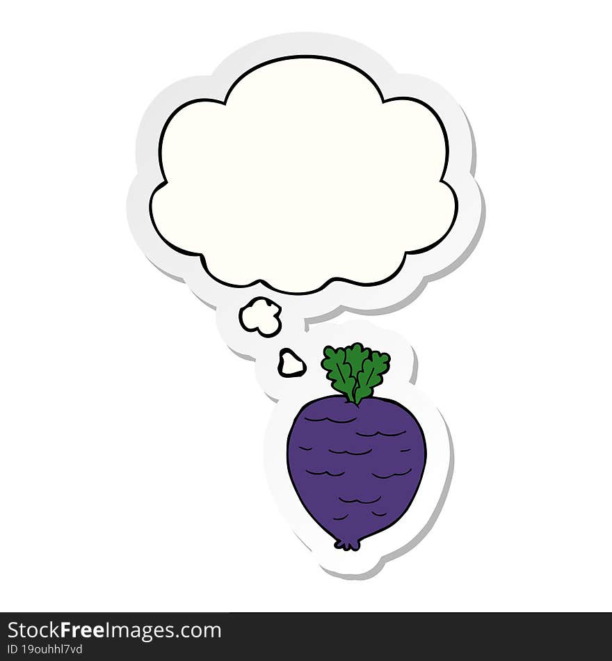 cartoon root vegetable with thought bubble as a printed sticker