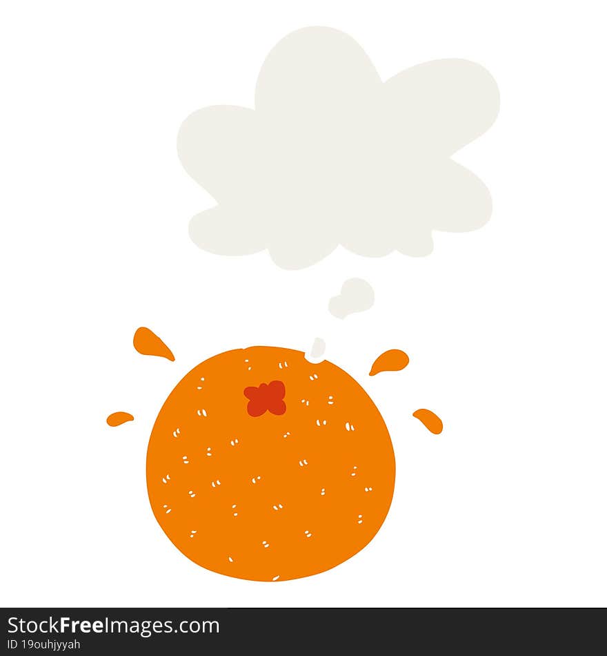 cartoon orange with thought bubble in retro style