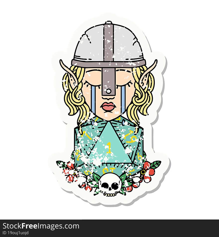 sad elf fighter character with natural one d20 roll grunge sticker