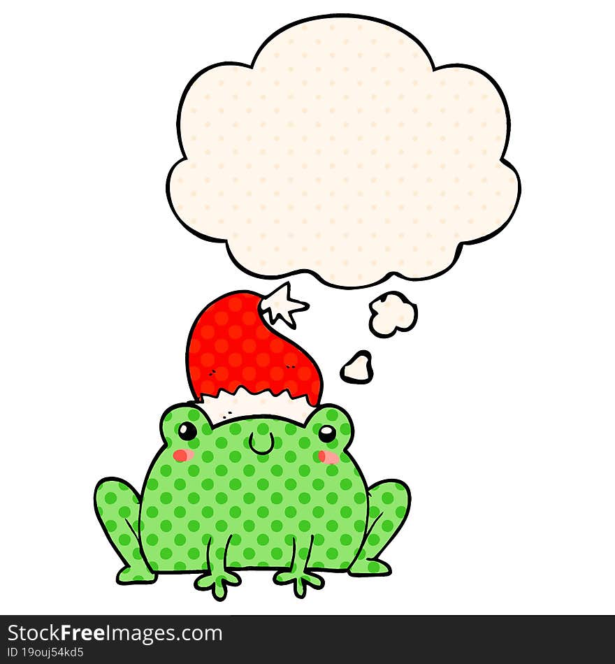 cute cartoon christmas frog with thought bubble in comic book style