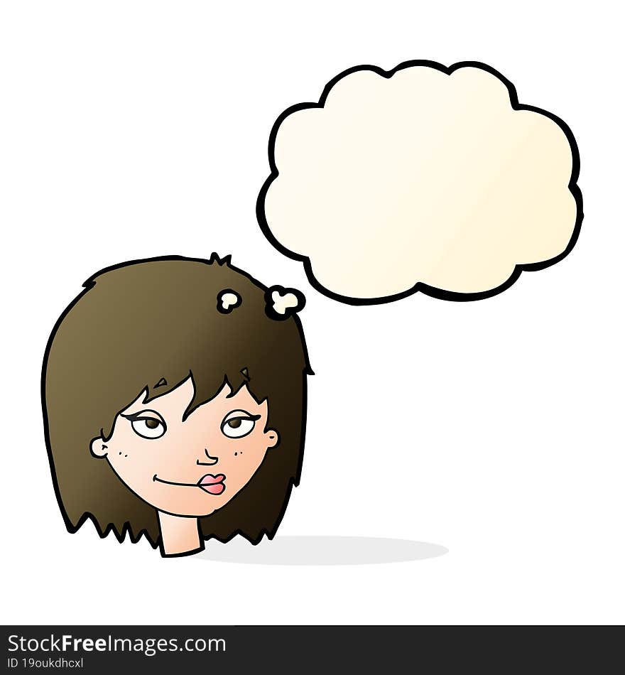 cartoon smiling woman with thought bubble