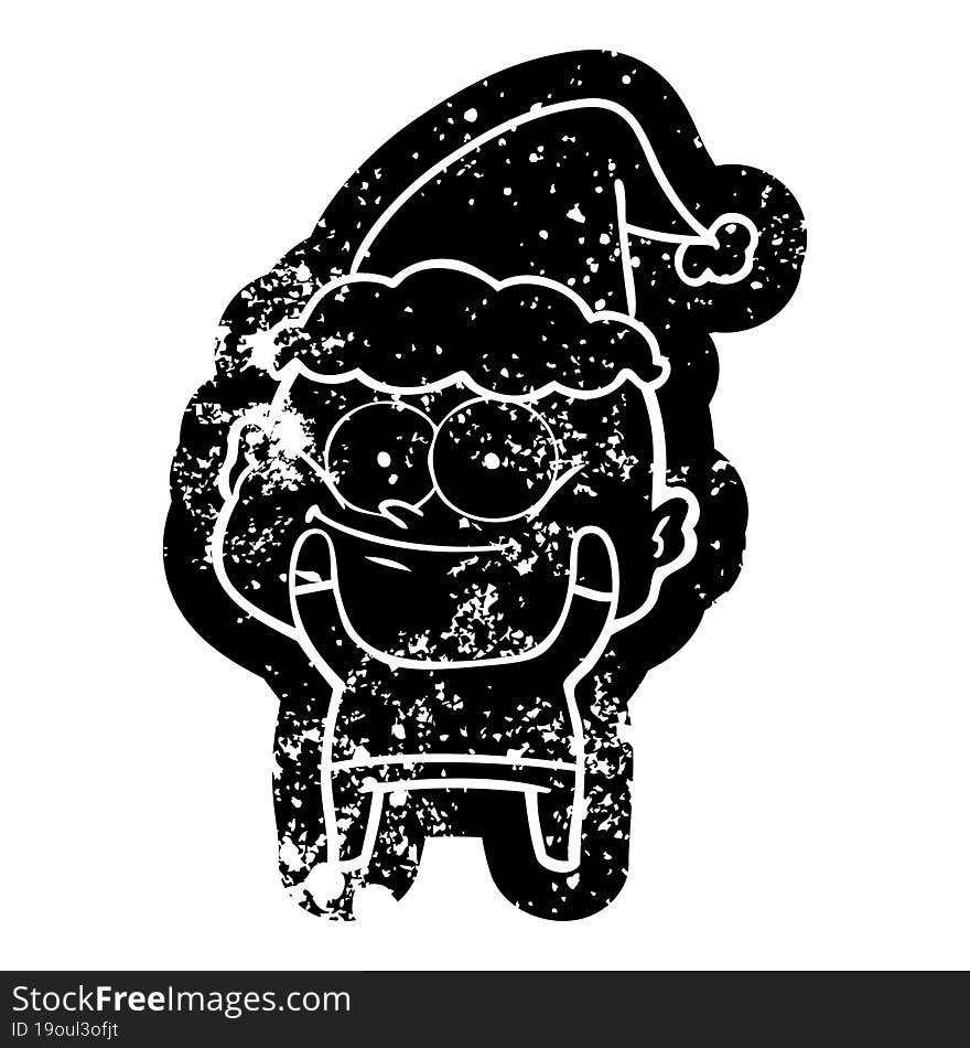 quirky cartoon distressed icon of a bald man staring wearing santa hat