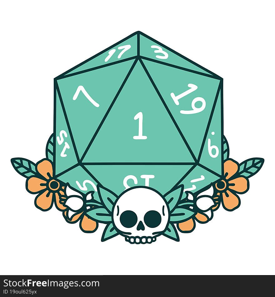 natural one dice roll with floral elements illustration