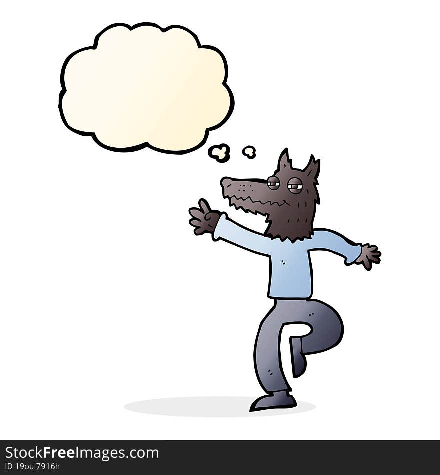 cartoon happy wolf man with thought bubble