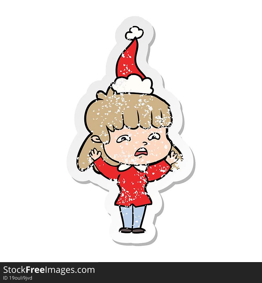 distressed sticker cartoon of a worried woman wearing santa hat