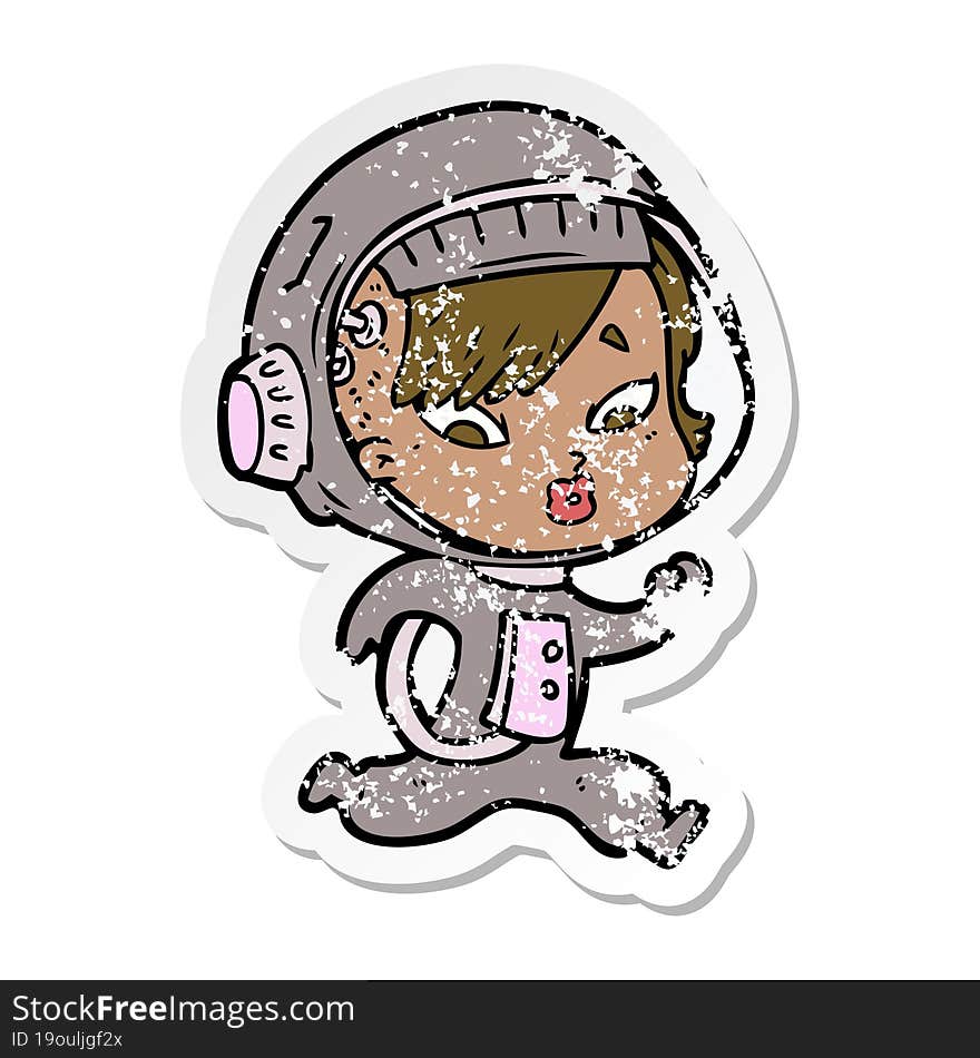 distressed sticker of a cartoon astronaut woman