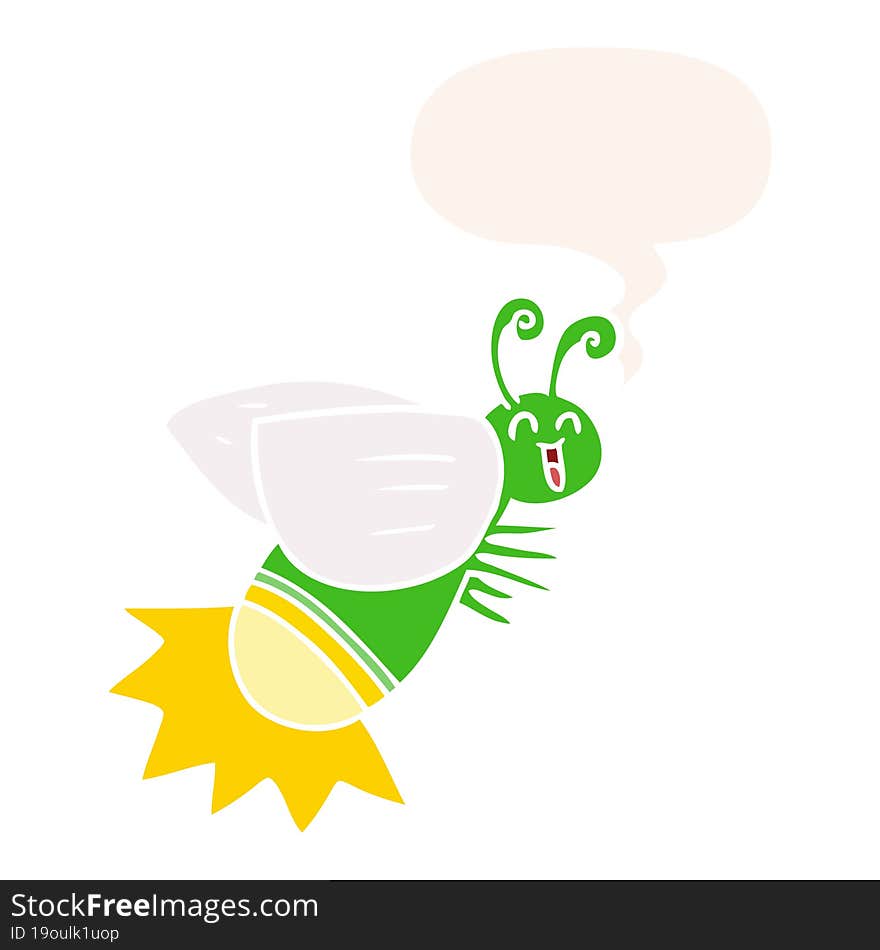 cartoon glow bug with speech bubble in retro style