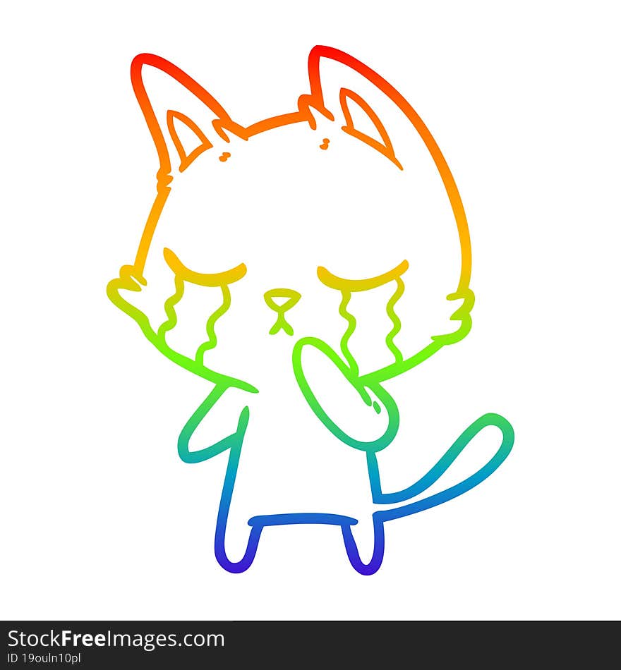 rainbow gradient line drawing of a crying cartoon cat