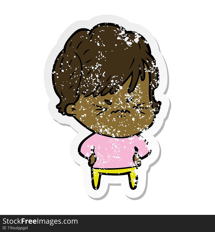 Distressed Sticker Of A Cartoon Frustrated Woman