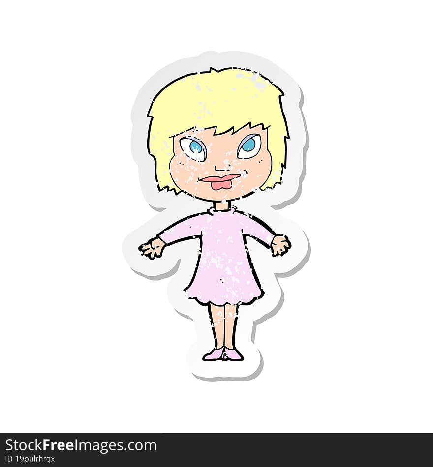 Retro Distressed Sticker Of A Cartoon Girl Shrugging Shoulders