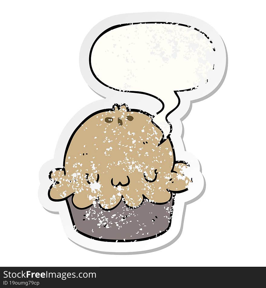 cute cartoon pie with speech bubble distressed distressed old sticker. cute cartoon pie with speech bubble distressed distressed old sticker