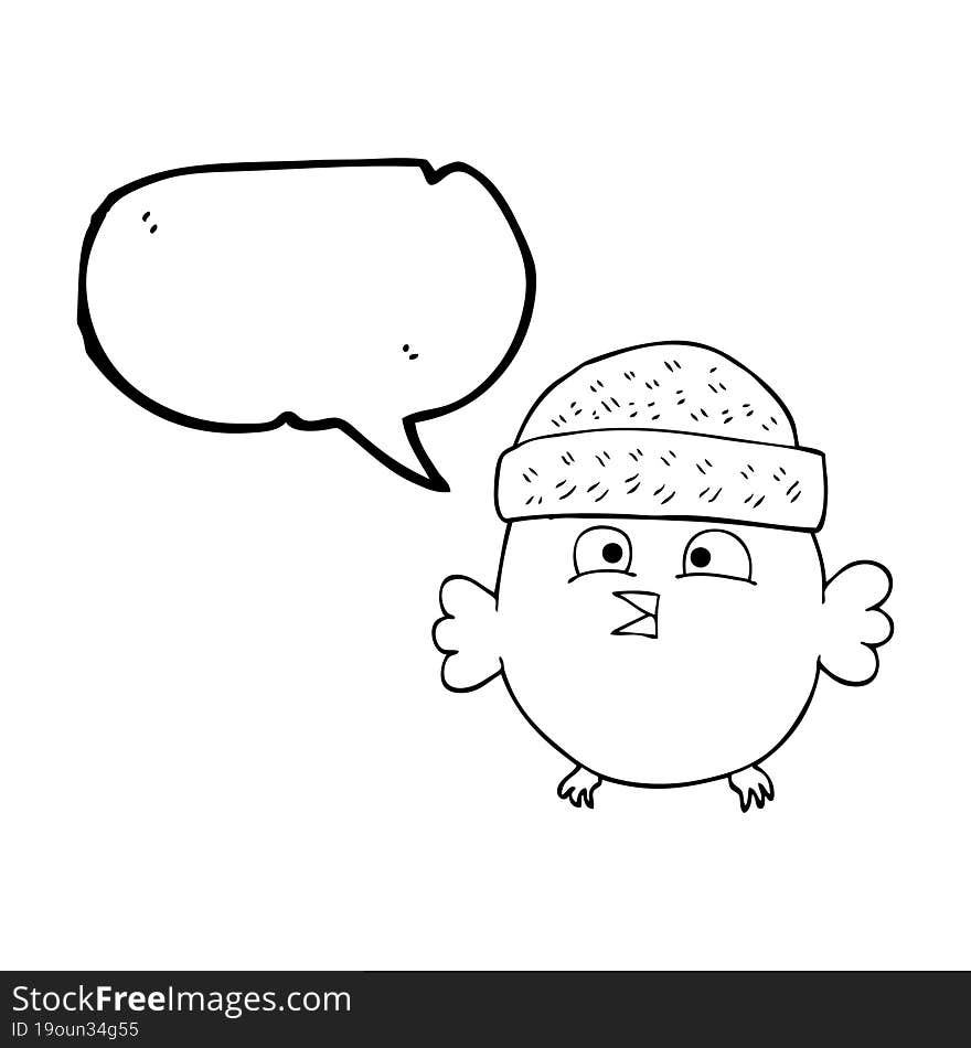 freehand drawn speech bubble cartoon owl wearing hat