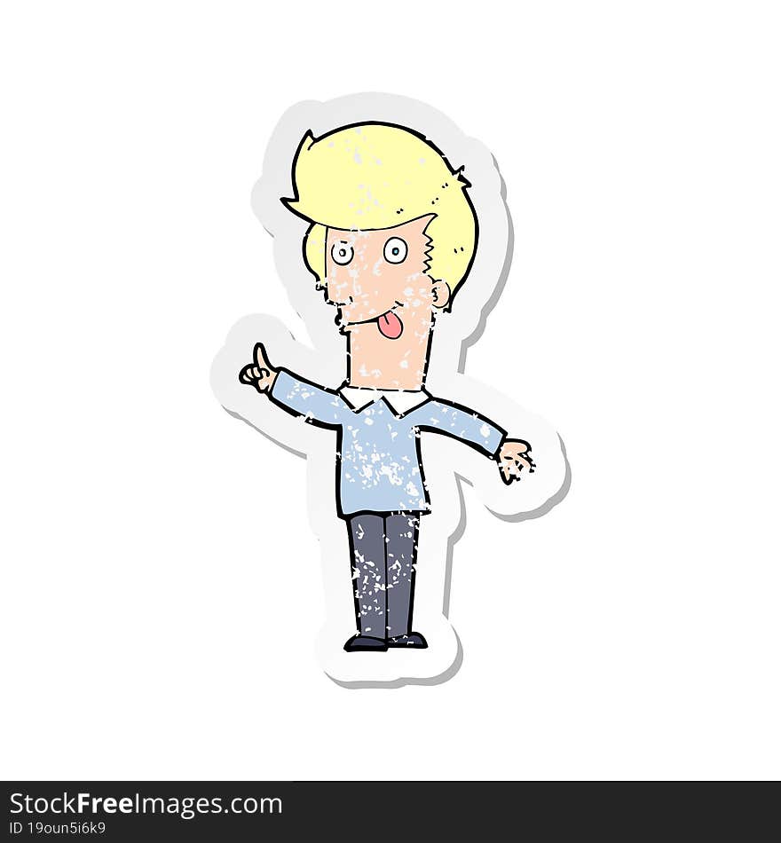 retro distressed sticker of a cartoon funny man with idea