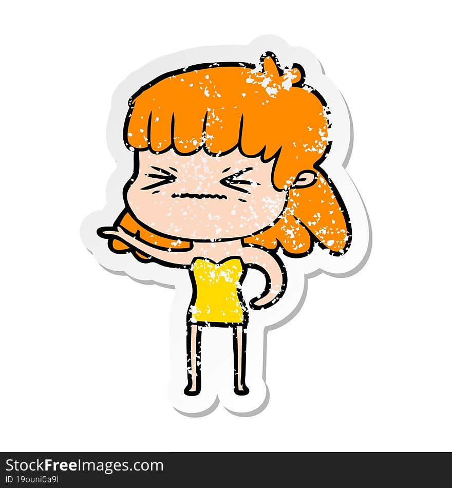 distressed sticker of a cartoon angry girl