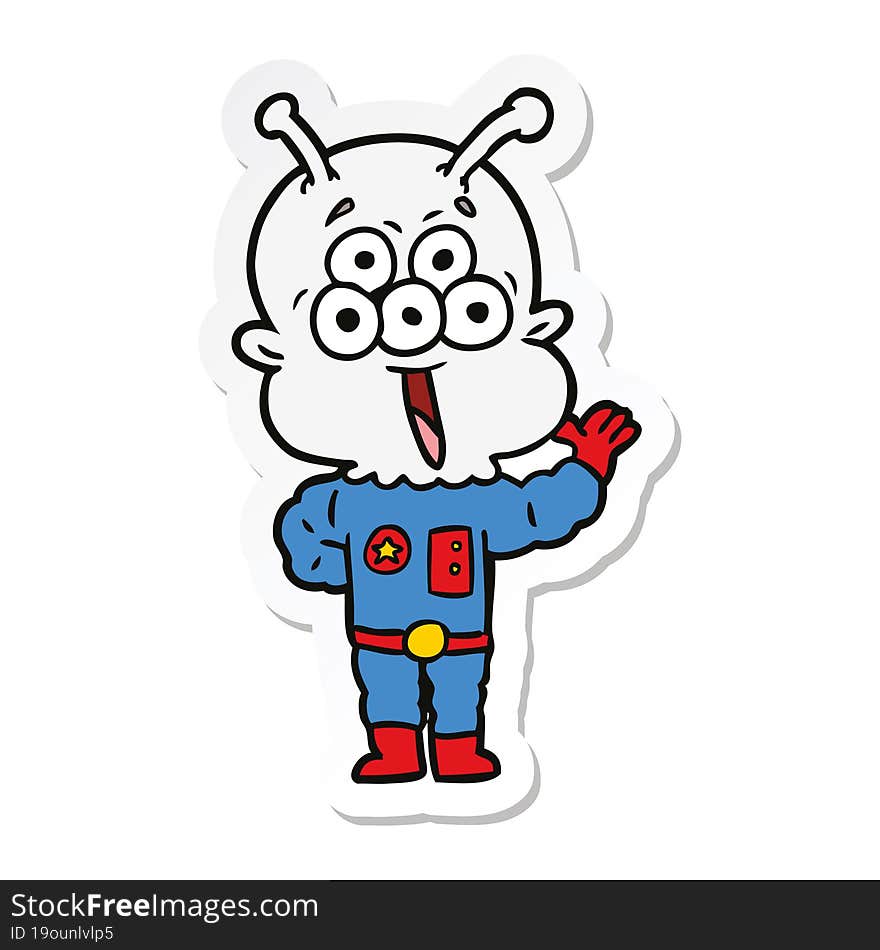 sticker of a happy cartoon alien waving