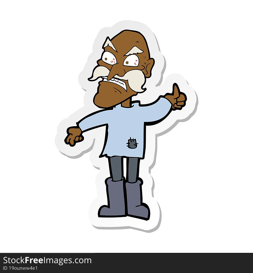 sticker of a cartoon angry old man in patched clothing