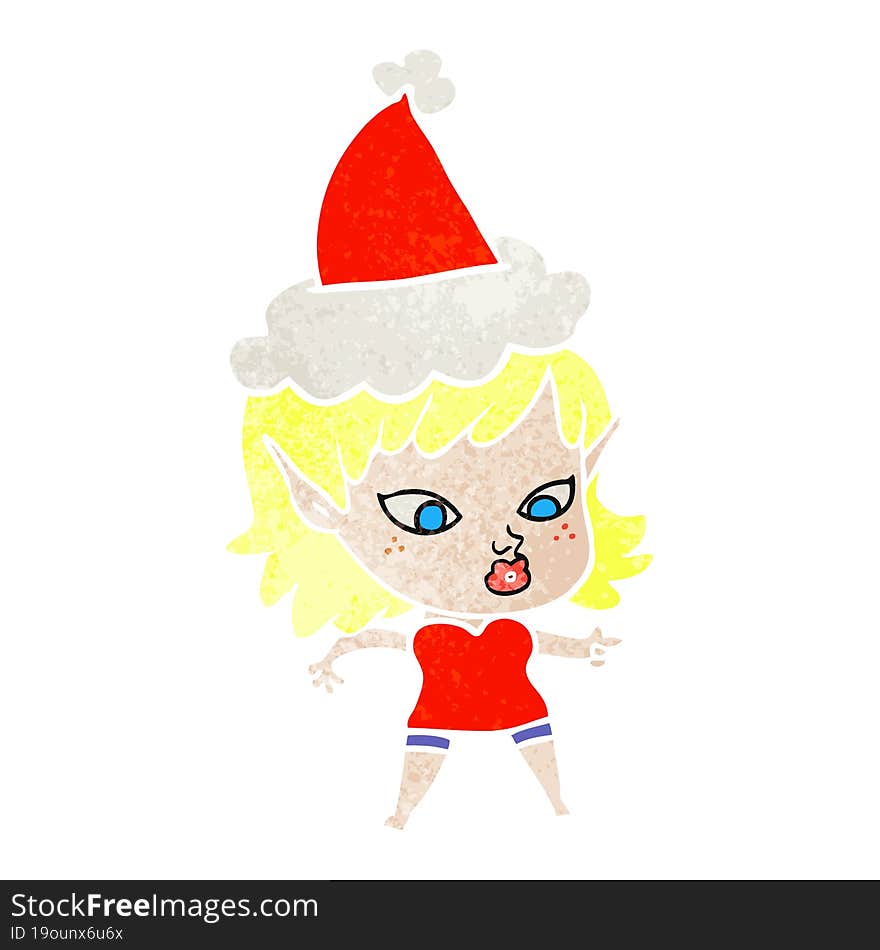 pretty retro cartoon of a elf girl wearing santa hat