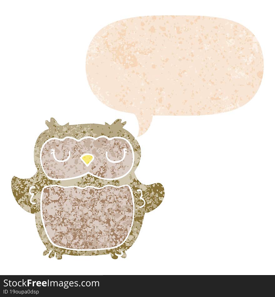 cartoon owl and speech bubble in retro textured style