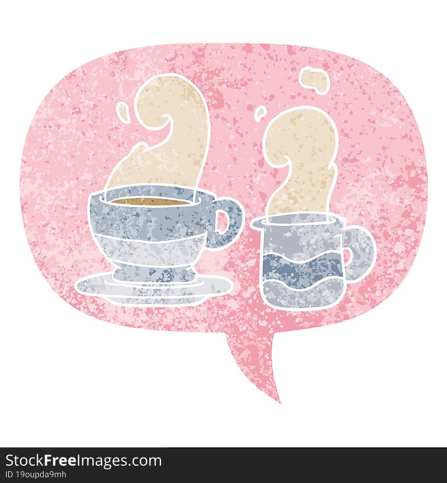 cartoon cup of coffee with speech bubble in grunge distressed retro textured style. cartoon cup of coffee with speech bubble in grunge distressed retro textured style