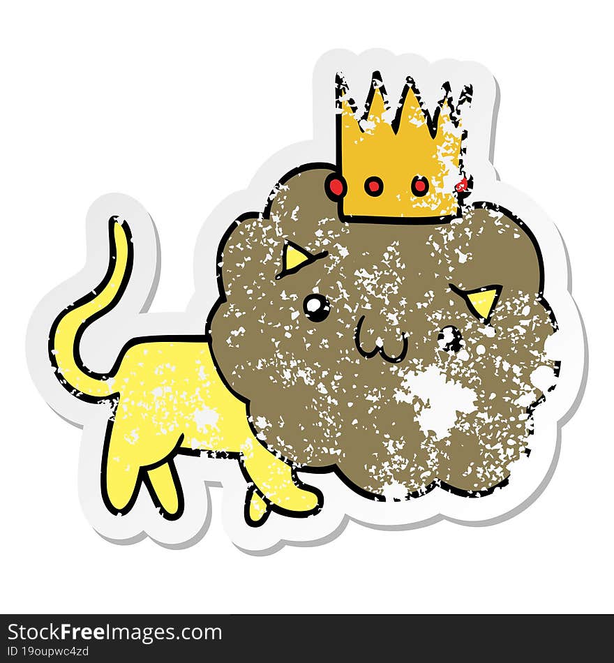 distressed sticker of a cartoon lion with crown