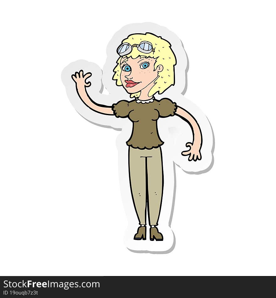 sticker of a cartoon pilot woman waving