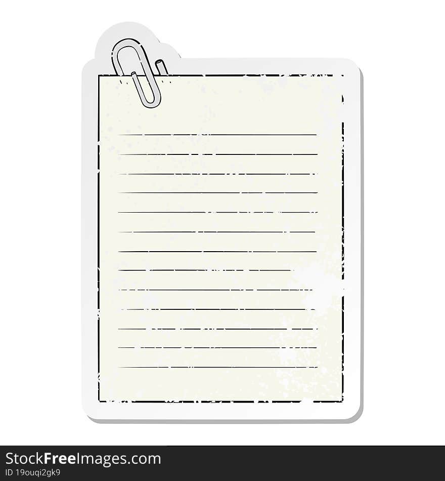 distressed sticker of a cartoon lined paper with paperclip