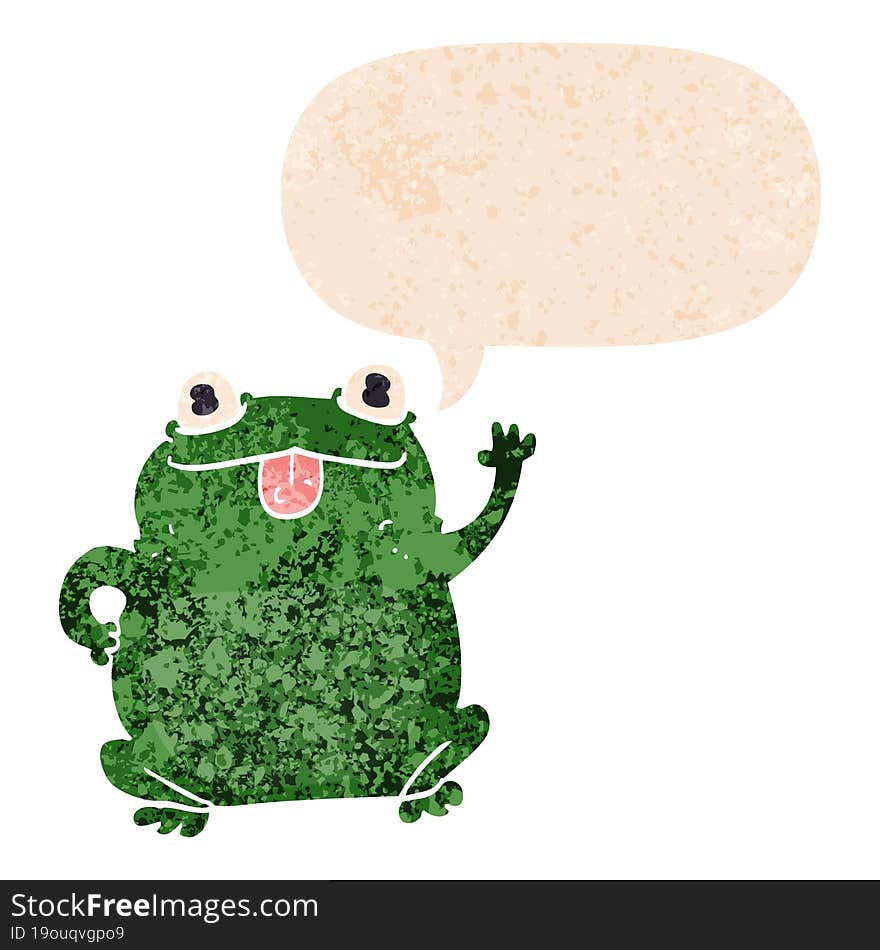 cartoon frog and speech bubble in retro textured style