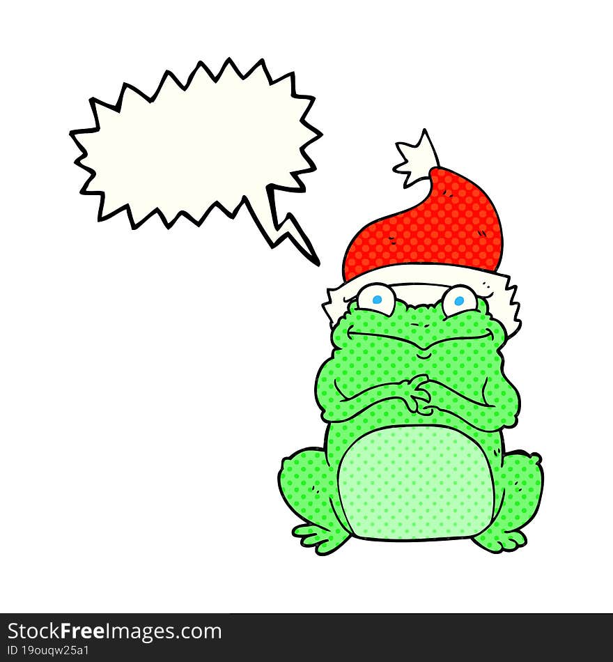 freehand drawn comic book speech bubble cartoon frog wearing christmas hat