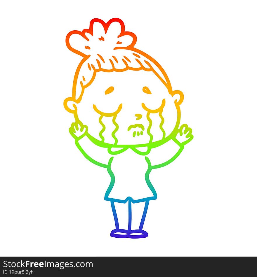 rainbow gradient line drawing of a cartoon crying woman