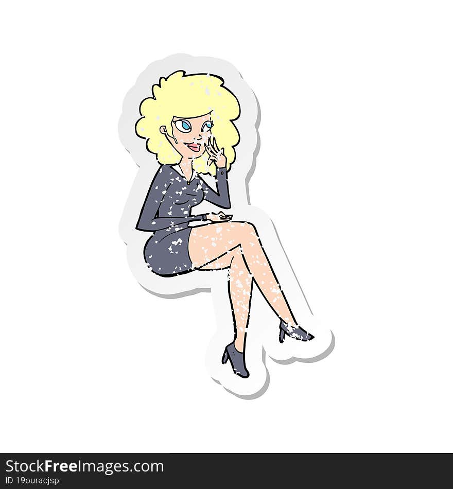 Retro Distressed Sticker Of A Cartoon Office Woman Sitting