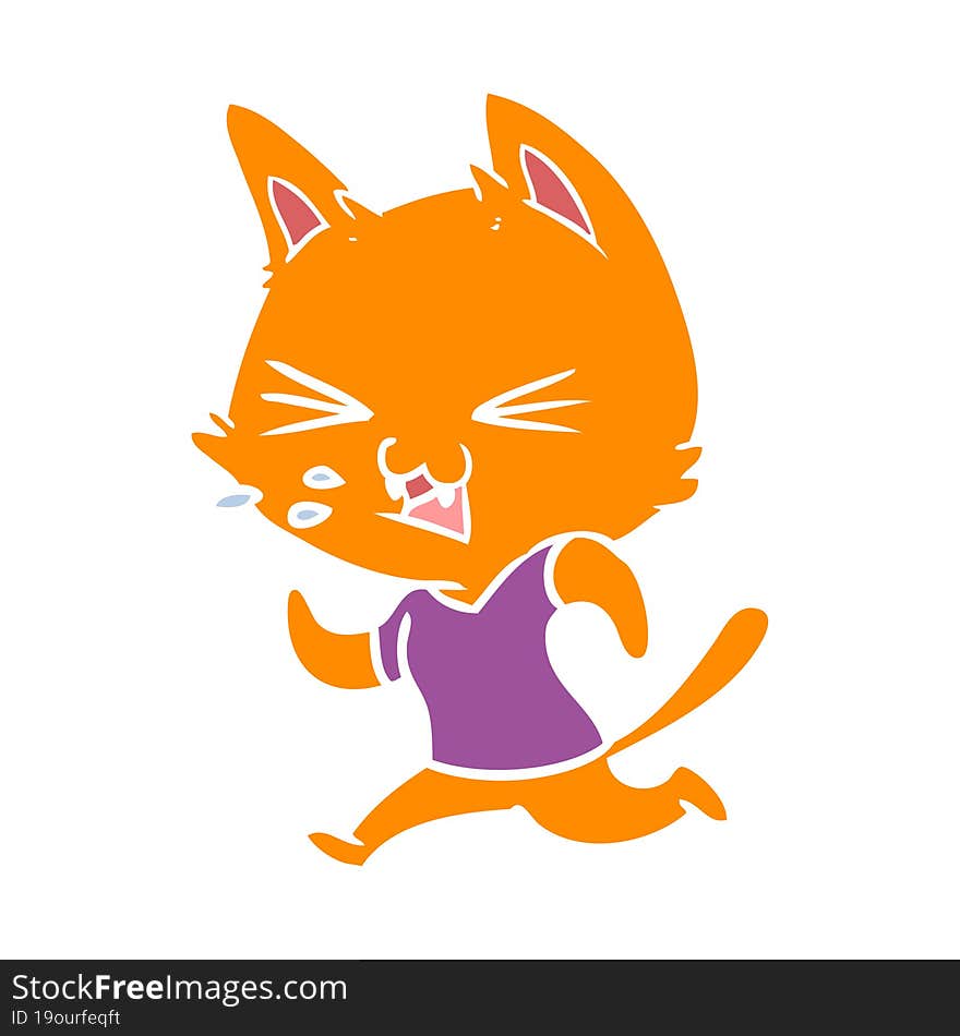 flat color style cartoon running cat hissing