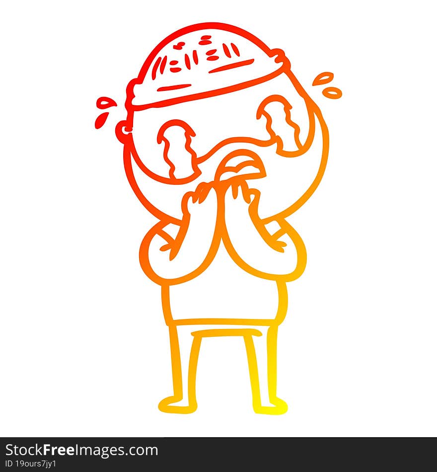 Warm Gradient Line Drawing Cartoon Bearded Man Crying