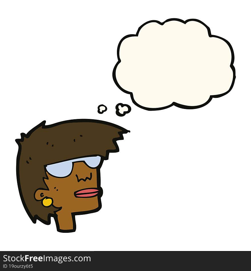 cartoon female face with glasses with thought bubble