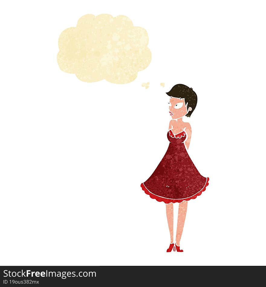 Cartoon Pretty Woman In Dress With Thought Bubble