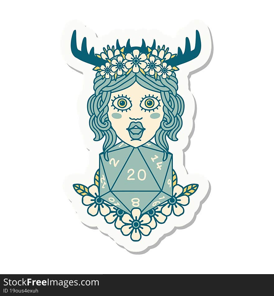 sticker of a human druid with natural twenty dice roll. sticker of a human druid with natural twenty dice roll