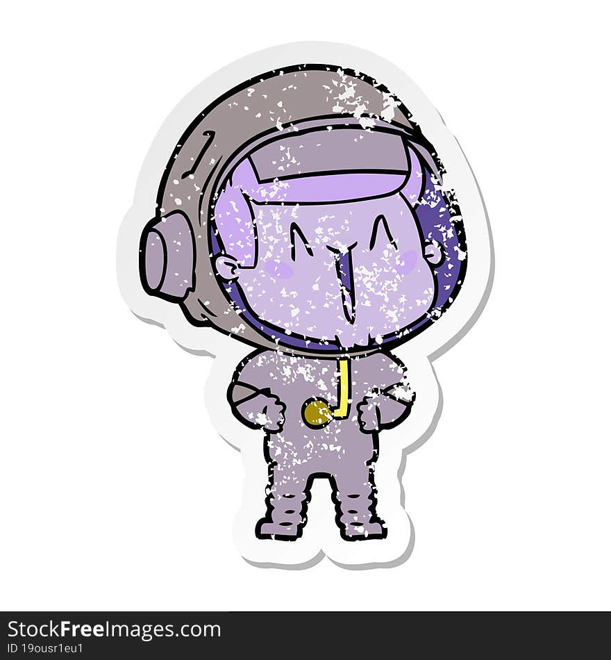 distressed sticker of a happy cartoon astronaut