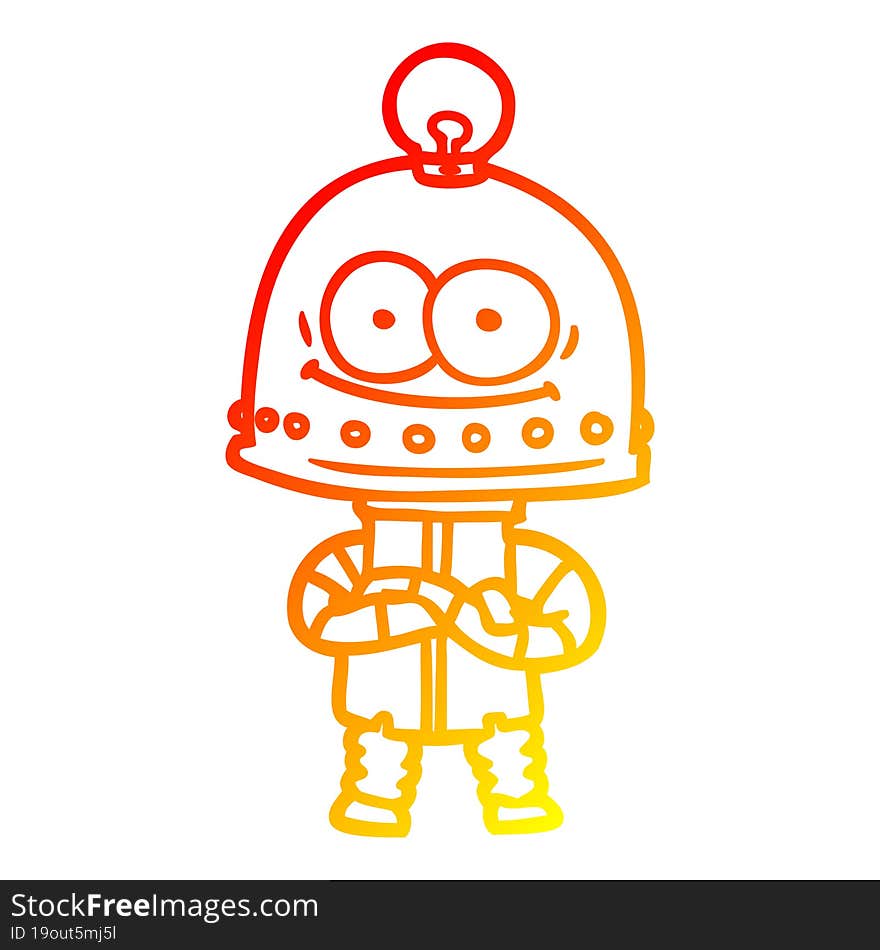 warm gradient line drawing of a happy carton robot with light bulb