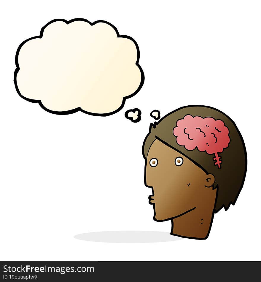 cartoon man with brain symbol with thought bubble