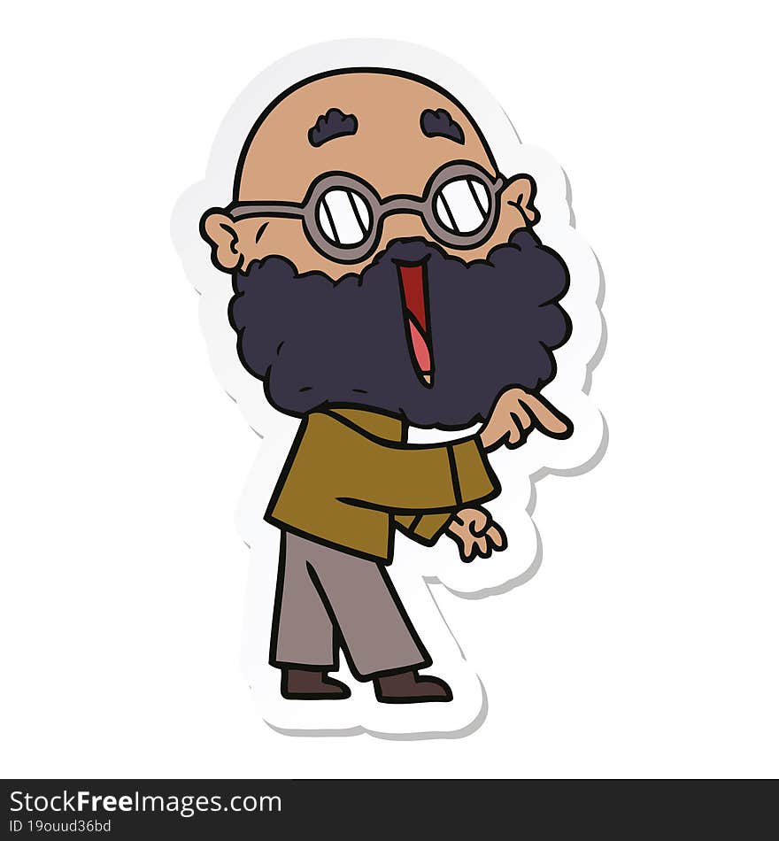 sticker of a cartoon joyful man with beard pointing finger