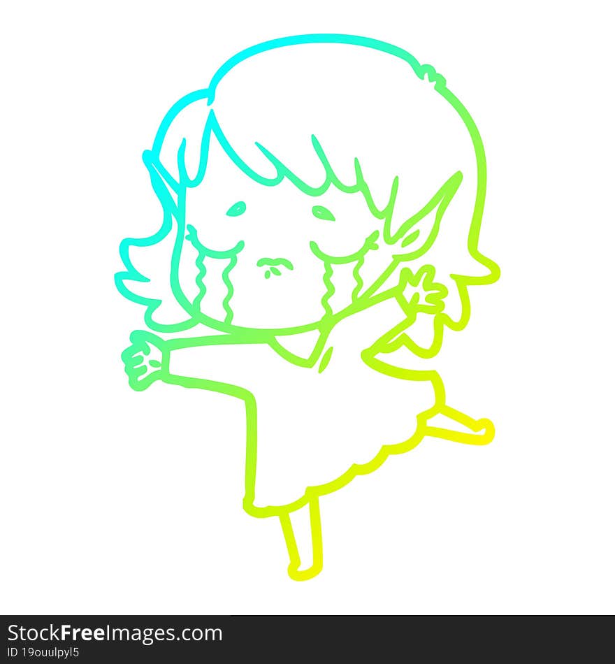 Cold Gradient Line Drawing Cartoon Crying Elf Girl