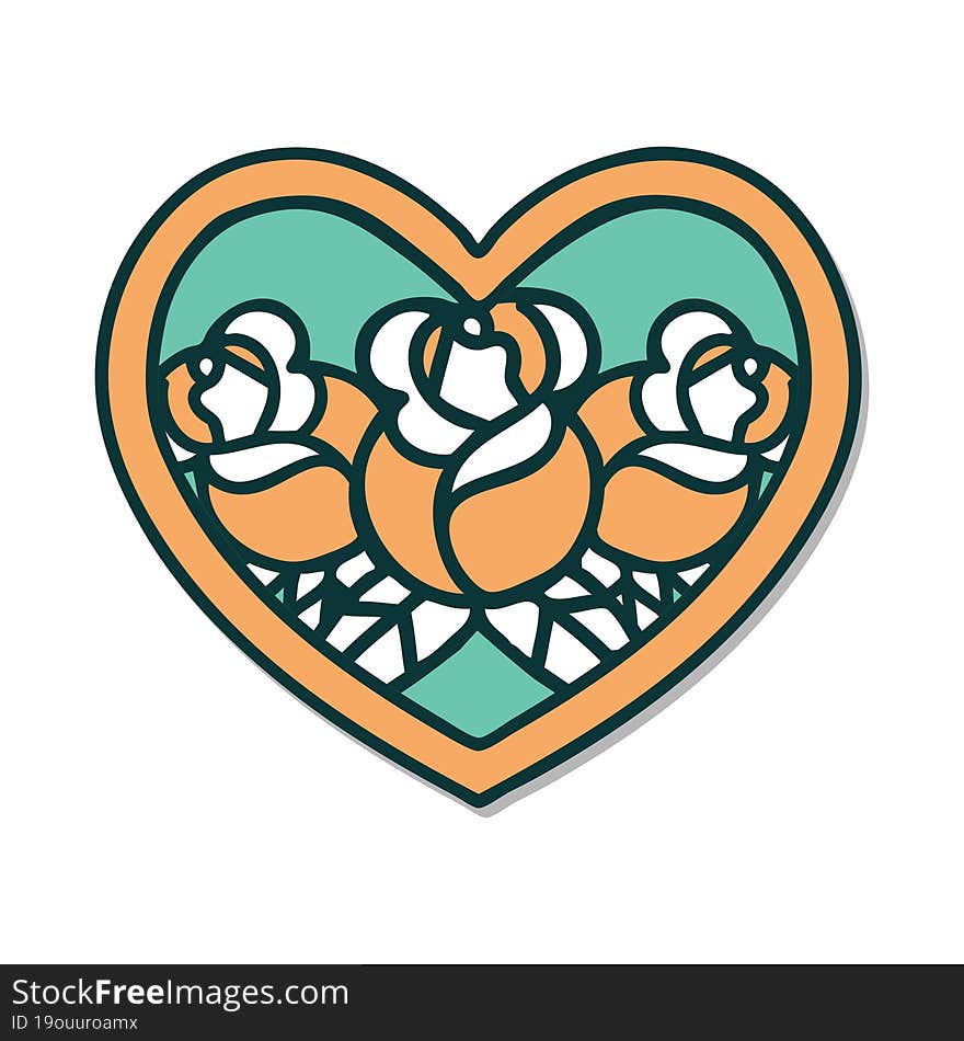 sticker of tattoo in traditional style of a heart and flowers. sticker of tattoo in traditional style of a heart and flowers