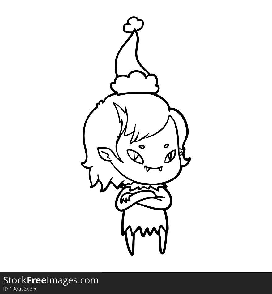 Line Drawing Of A Friendly Vampire Girl Wearing Santa Hat