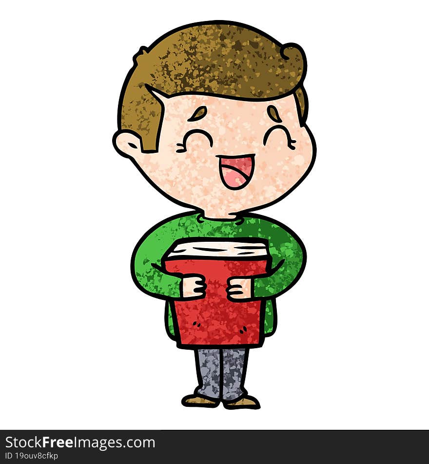 cartoon laughing man holding book. cartoon laughing man holding book