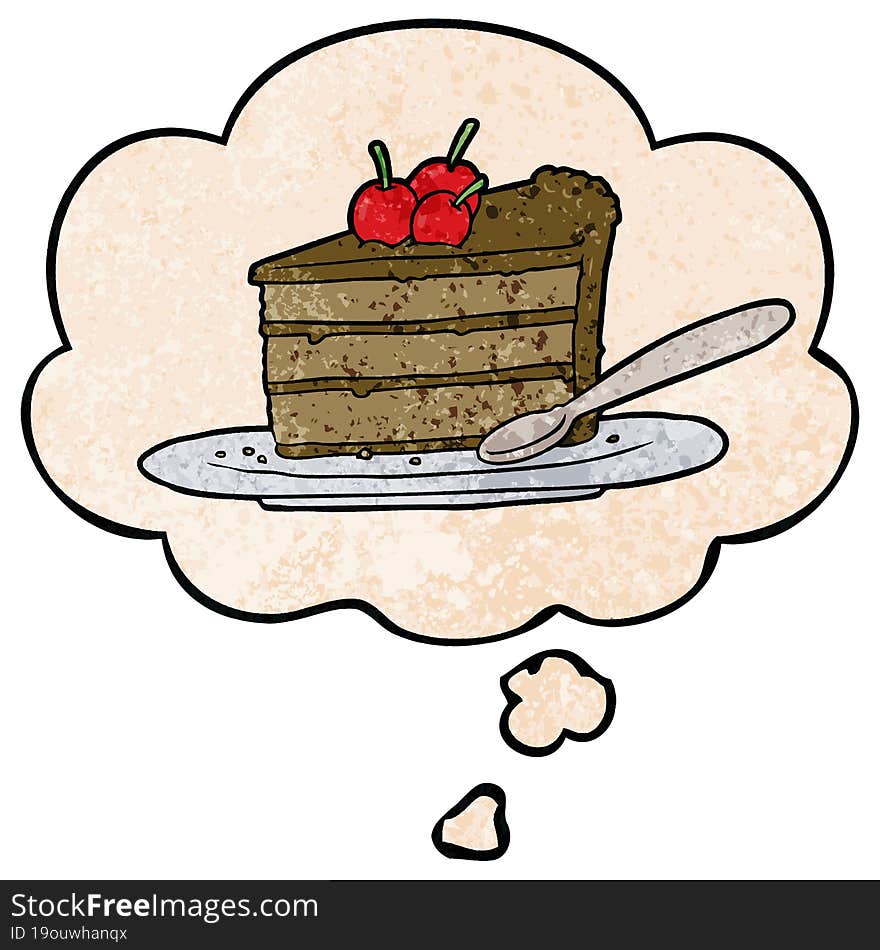 cartoon chocolate cake and thought bubble in grunge texture pattern style