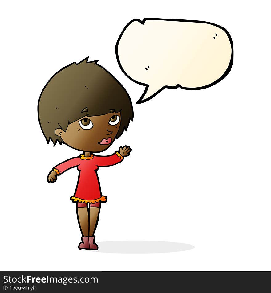 cartoon woman waving with speech bubble