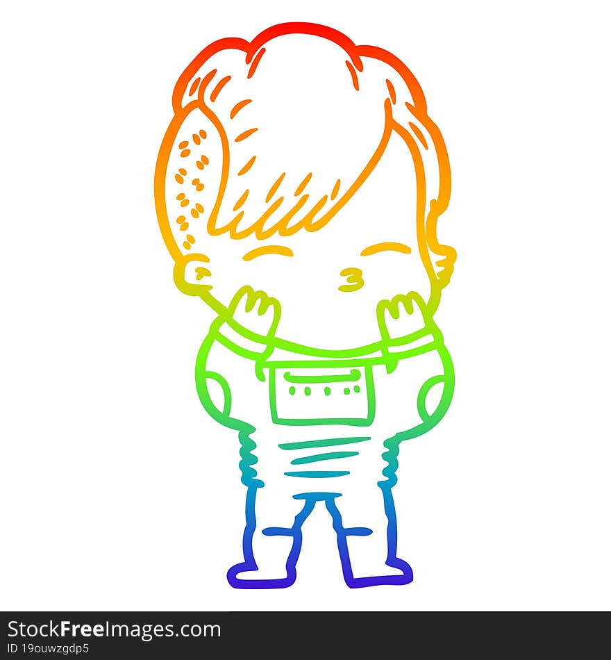 rainbow gradient line drawing cartoon girl wearing futuristic clothes