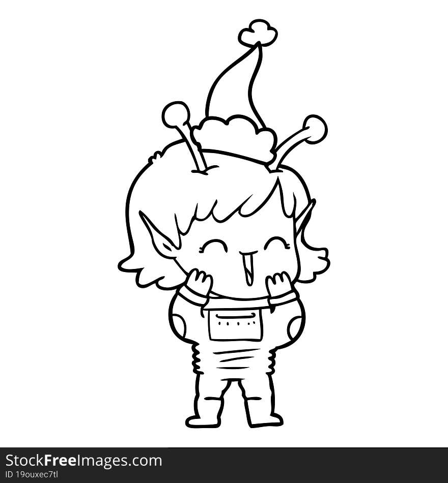 hand drawn line drawing of a alien girl giggling wearing santa hat