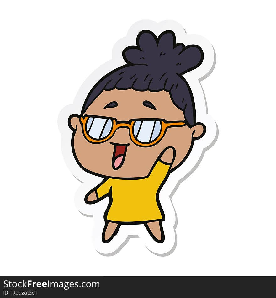 sticker of a cartoon happy woman wearing spectacles