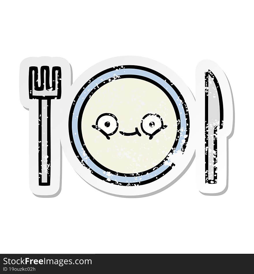 Distressed Sticker Of A Cute Cartoon Dinner Plate