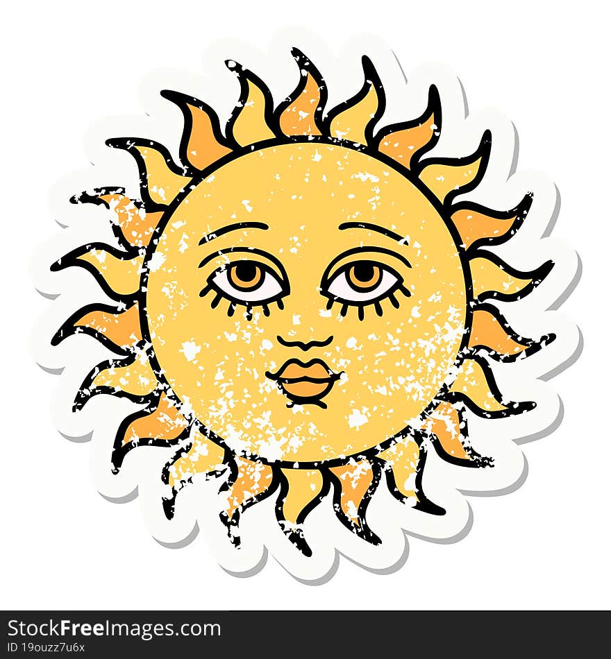 Traditional Distressed Sticker Tattoo Of A Sun With Face